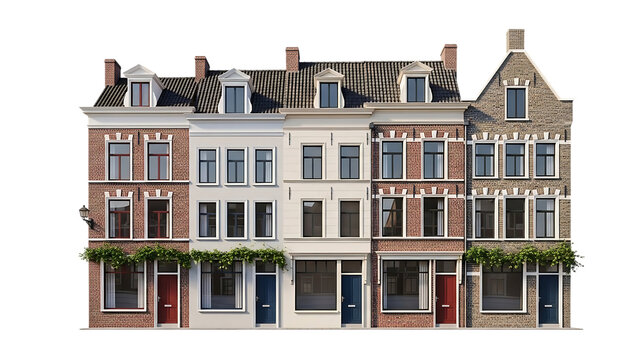 Row of traditional Dutch houses with brick facades and gabled roofs isolated on a transparent background