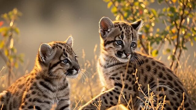 Two adorable young ocelot cubs sitting in a sun-drenched grassy field, showcasing their spotted fur and curious eyes, with soft bokeh in the background