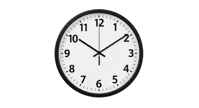 Classic black wall clock isolated PNG on transparent background, showing ten past two, time management and punctuality concept