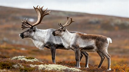 Wild Mountain Reindeer Standing in Autumn Tundra Landscape