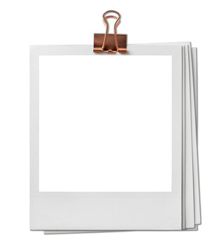 Vintage Polaroid, instant photo frame isolated in transparent PNG, polaroid frame - isolated design element, polaroids with metal gold binder clip.