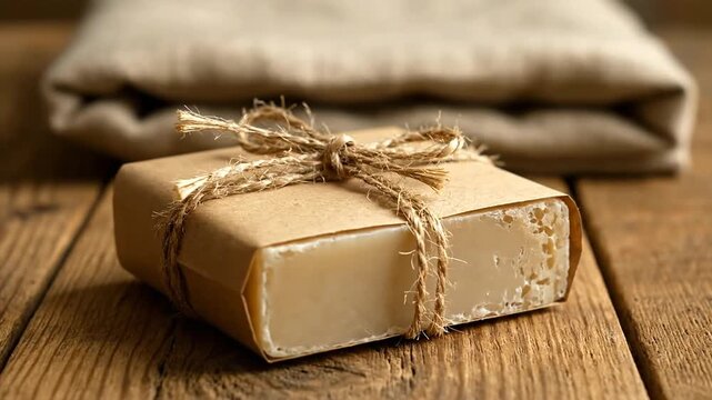 Wrapped soap bar on wooden surface with natural fiber twine