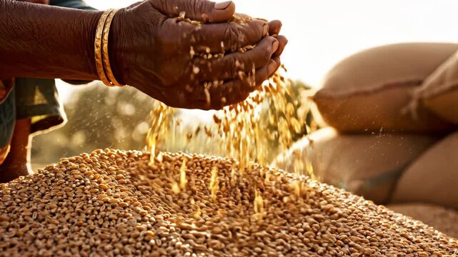 Person handling wheat grains
