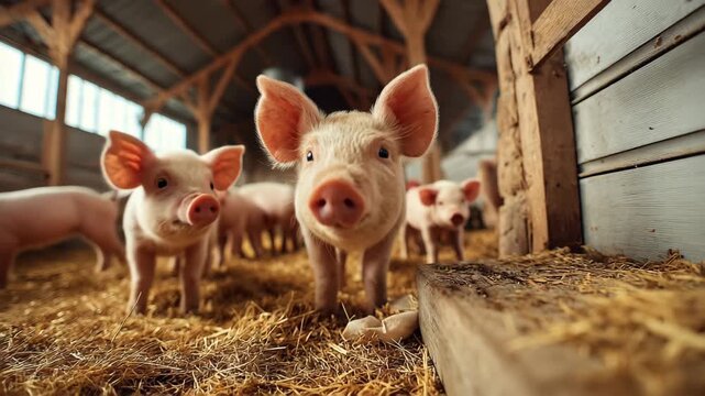 Curious piglet explores a cozy farm environment during the day with other pigs nearby