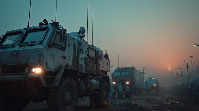 Military Base with Armored Vehicles at Dawn in Foggy Industrial Setting
