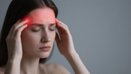 Fototapeta premium Young woman touching her temples or forehead with red glow indicating headache pain or migraine symptoms on a neutral background