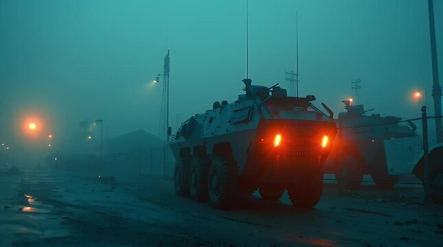 Military Base with Armored Vehicles at Dawn in Foggy Industrial Setting