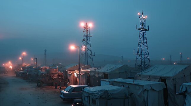 Military Base with Armored Vehicles at Dawn in Foggy Industrial Setting