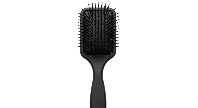 Black paddle hair brush isolated PNG on transparent background, styling tool for detangling and smoothing hair