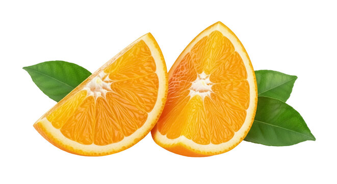 Two orange fruit slices isolated PNG on transparent background, fresh citrus wedges with green leaves for healthy eating and summer designs