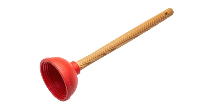 Red rubber plunger with wooden handle isolated PNG, household tool for unclogging drains and toilets on transparent background