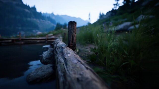 A serene mountain scene with logs and stones at the water's edge, creating a simple structure