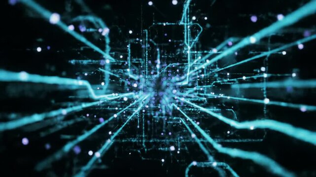 Expansive video of a luminous, glowing abstract digital network with pulsating nodes and flowing data lines, subtly pushing through a dark high-tech void. Slow tracking and lateral dolly video