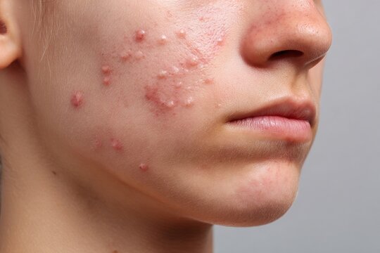Close up of a young person's face with acne and blemishes on the cheek