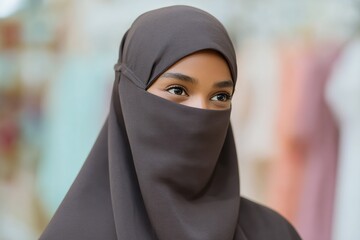 Naklejka premium A muslim woman wearing a dark brown hijab and niqab, looking away with expressive eyes
