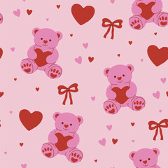 Seamless pattern with pink bears and hearts. Vector graphics.