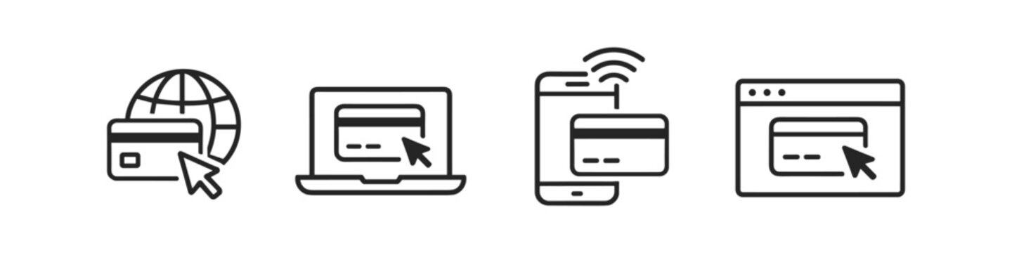 Online payment methods icons: credit card, laptop, smartphone, and web browser