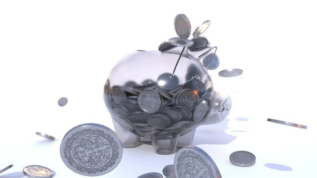 Coins Falling into Glass Piggy Bank, Money Savings and Financial Growth Concept