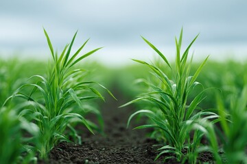 Obraz premium Rows of young green cereal crops growing in fertile dark soil under a soft sky