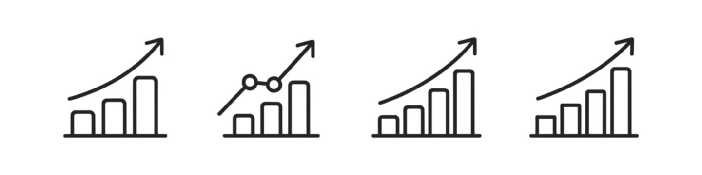 Set of four line art icons depicting upward trending bar charts and graphs