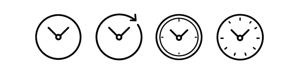 Collection of four minimalist clock icons representing time and scheduling concepts