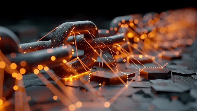 Close-up of a metal chain glowing with orange light, resting on a textured hexagonal surface. the illuminated chain links depict themes of strength and connectivity, with a focus on industrial and fut