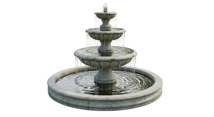 Three-tiered stone fountain isolated PNG, water feature with cascading tiers for garden decor and landscape design on transparent background © Maria