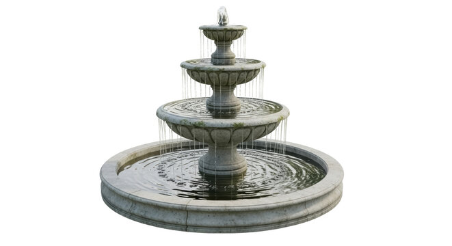 Three-tiered stone fountain isolated PNG, water feature with cascading tiers for garden decor and landscape design on transparent background