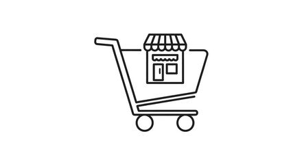 Vector icon of a shopping cart containing a stylized storefront, signifying online shopping, retail, and e-commerce.