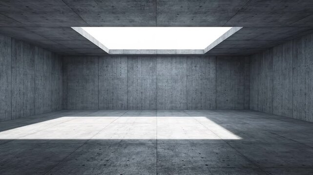 Empty warehouse room with concrete walls and a glowing overhead skylight isolated on a dark industrial background for staging.