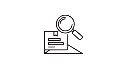 Outline icon of a package or document being examined with a magnifying glass, indicating research, verification, or inspection.
