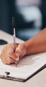 Hand, writing and clipboard in office with document, health insurance application and administration. Person, complete info and consent form in workplace for medical aid policy, checklist and survey.