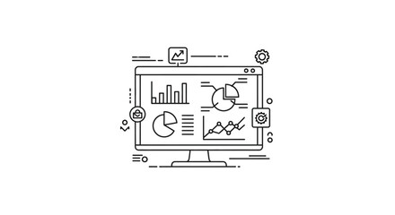 Clean line art illustration of a computer monitor displaying an analytics dashboard with various charts, graphs, and data, representing business intelligence and reporting.