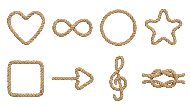 Rope shapes set including heart, infinity, circle, star, square, arrow, treble clef, and knot isolated. Nautical decoration and symbolic design elements.