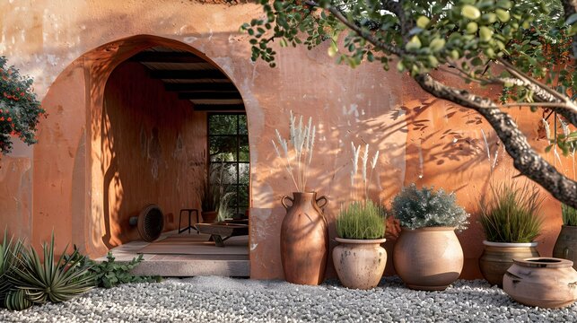 Inviting arched terracotta entrance with natural potted plants for home design and lifestyle.