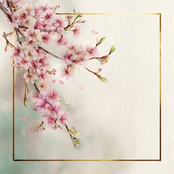 Watercolor spring frame with cherry blossoms and tender green buds