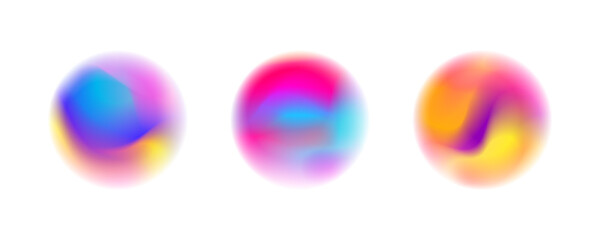 Abstract circles with halftone color gradient, vector round design elements. Sphere circles with iridescent neon glow color gradient and holographic liquid flow 3D shapes for AI chat assistant buttons