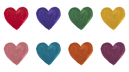Obraz premium Acrylic heart set including red, purple, green, gold, pink, teal, orange, and maroon painted shapes. Artistic romantic elements for wedding and greeting card design.