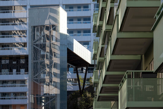 architecture urban residential modern highrise glass balcony in liljeholmskajen district stockholm sweden rising above skyline daylight