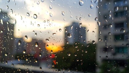 Rainy cityscape view through a window with water droplets