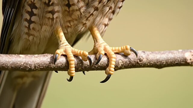 Close Up on Sharp Talons of a Brown Hawk Perched on a Branch With Natural Greenery Background