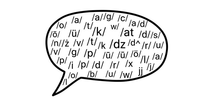 A speech bubble filled with the phonetic alphabet symbols, isolated on white.