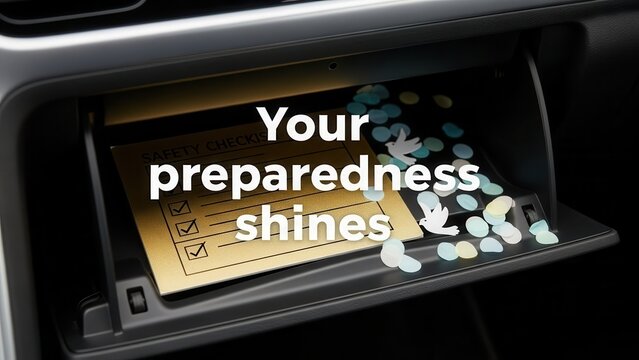 Car glovebox with checklist and scattered confetti