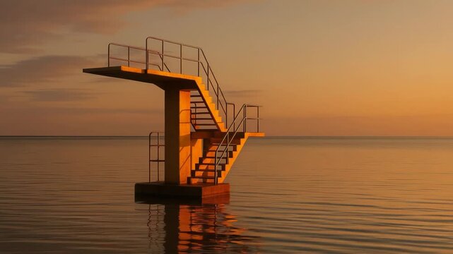 A solitary diving platform stands tall in the calm, golden sea. The warm sunset light creates a peaceful and reflective atmosphere.