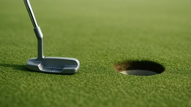 A golf ball is putted into the hole on a vibrant green. The putter remains near the hole after a successful shot.