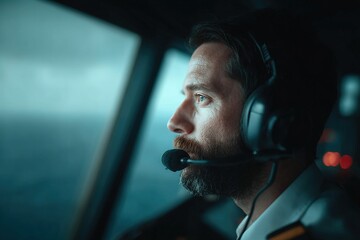 Pilot wearing headset looking out cockpit window on a cloudy day