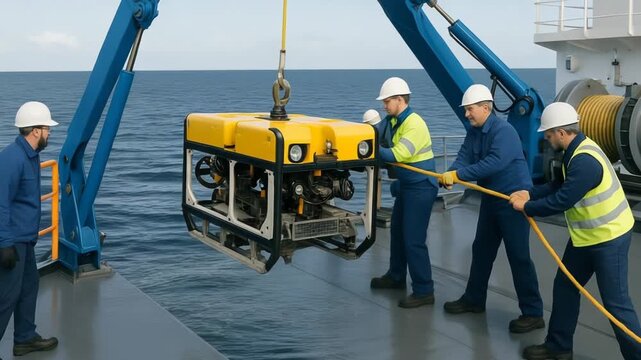 Crew members deploy a yellow underwater ROV from a ship. They carefully guide the equipment into the vast blue ocean.