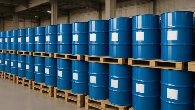 Blue industrial barrels are neatly stacked on pallets in a large warehouse. These chemical drums represent storage and distribution of goods.
