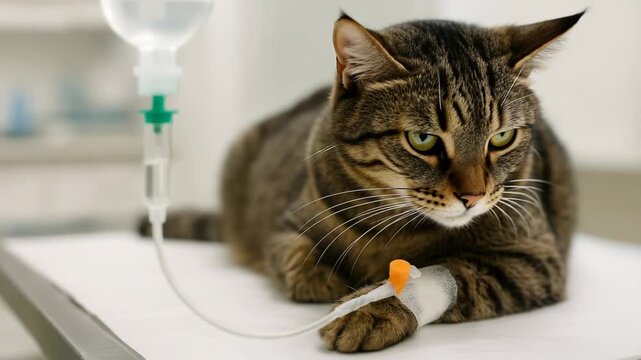 A tabby cat receives an IV drip at a veterinary clinic. The feline patient rests calmly during its medical treatment.