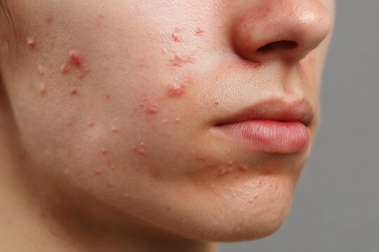 Close-up side profile of a person's face showing acne and skin imperfections